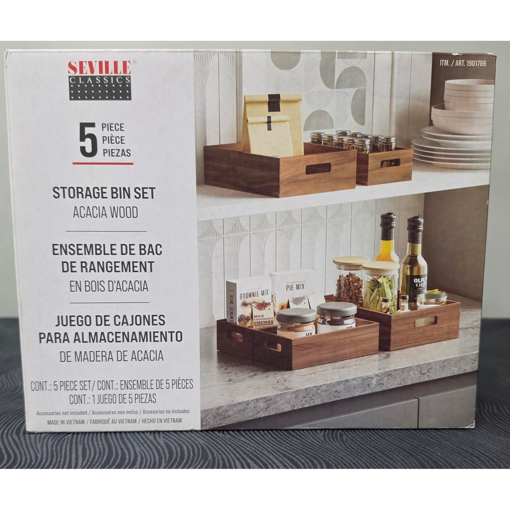 Seville Classics Storage Bin Set Unisex 5 Piece Brown Acacia Wood Organizer